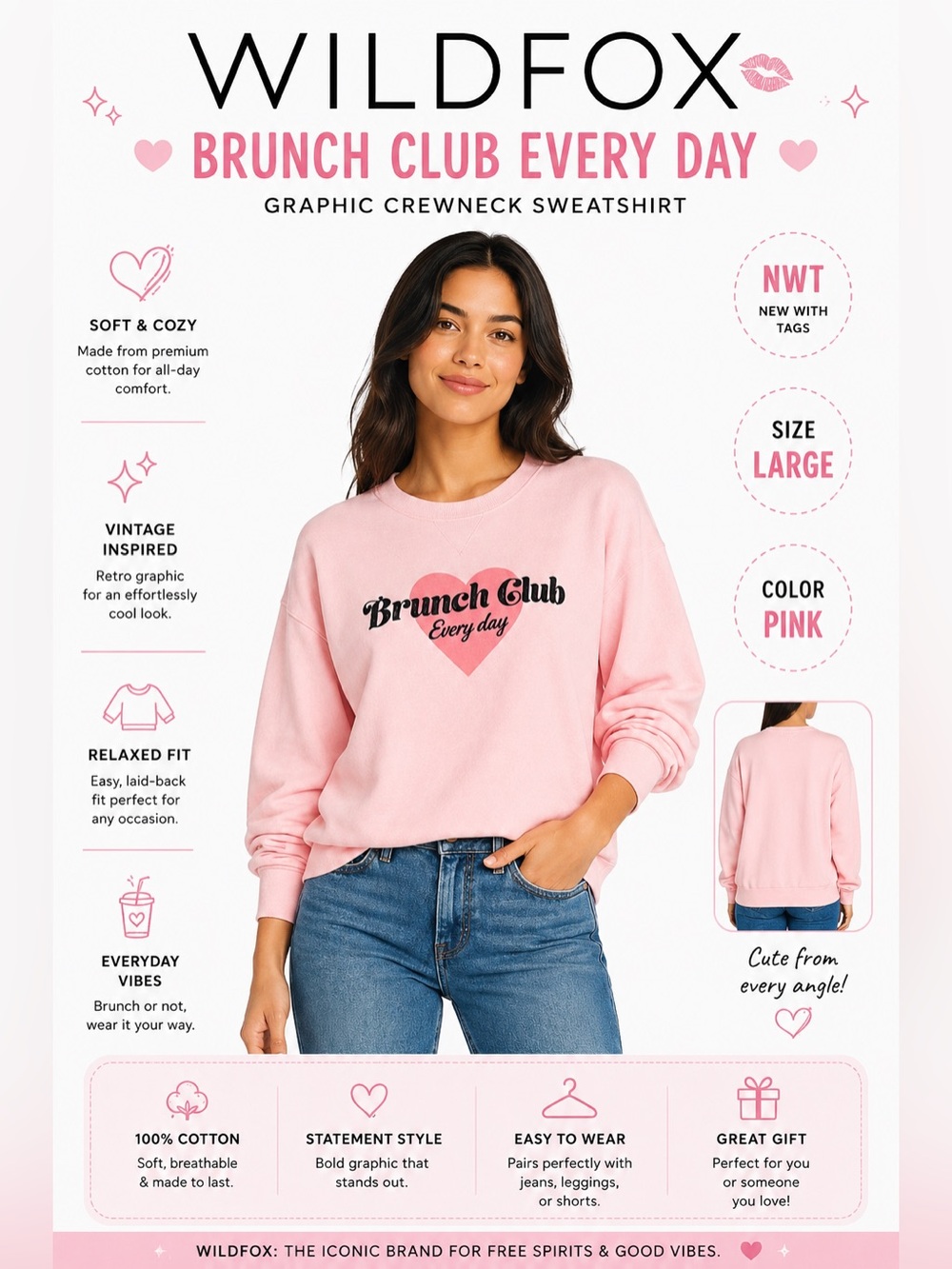 Wildfox Sweatshirt pink ‘Brunch Club Everyday’ NWT coffee run vibes sz Large
